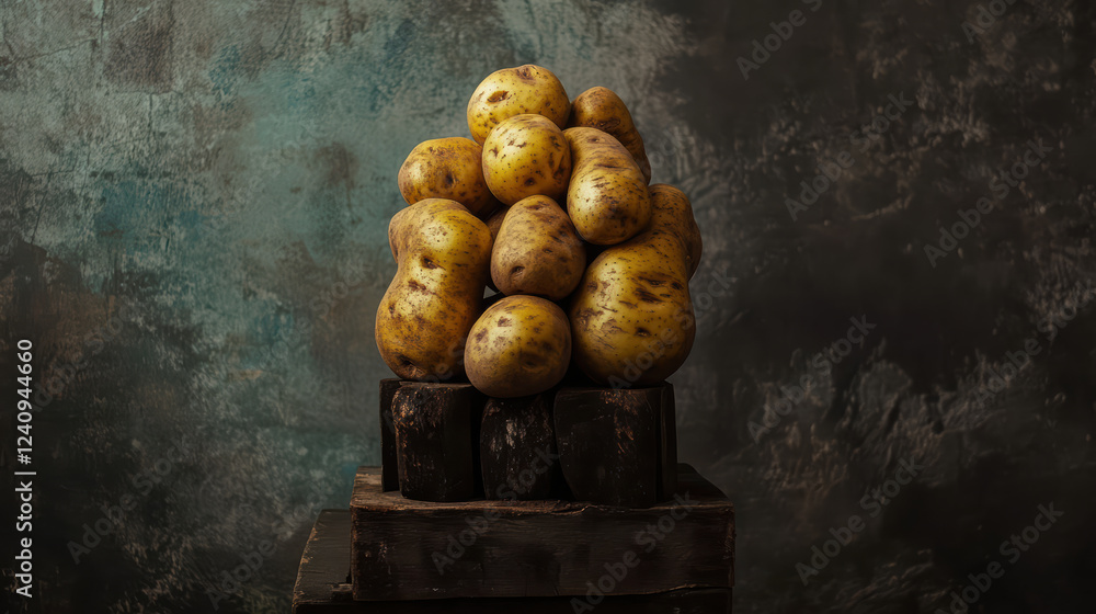 Poster creative display of stacked potatoes on rustic wooden base, showcasing their unique shapes and textu