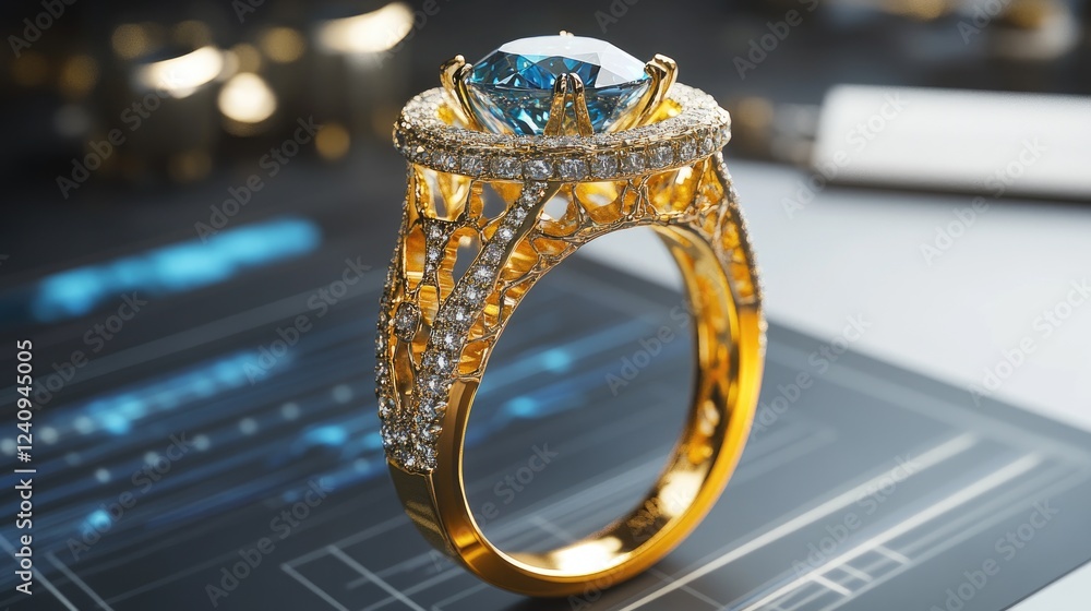 Poster modern jewelry design software interface displaying a digital rendering of a custom gemstone ring.