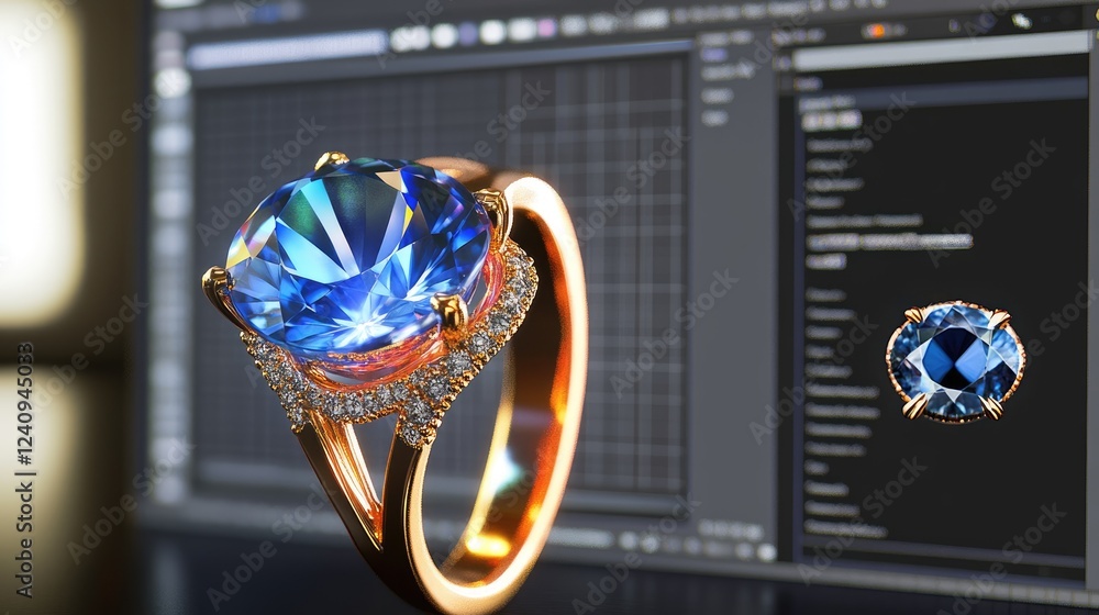 Poster modern jewelry design software interface displaying a digital rendering of a custom gemstone ring.