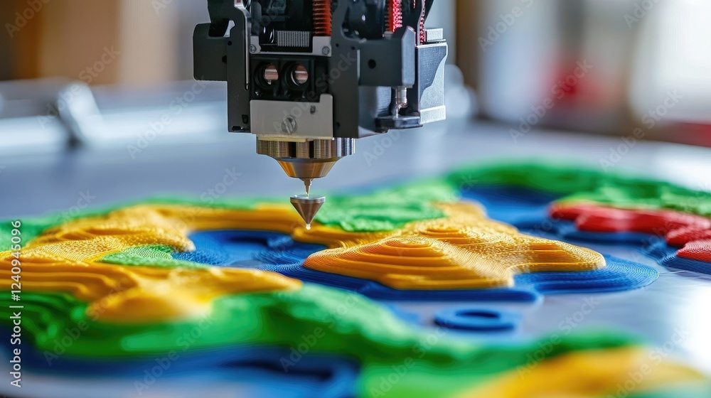 Poster multi-color d printer fabricating a complex topographical map with ultra-fine detail.