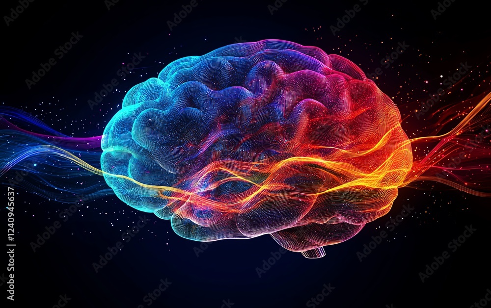 Poster a stylized brain with colorful, flowing neural pathways, symbolizing the cuttingedge concepts in neu