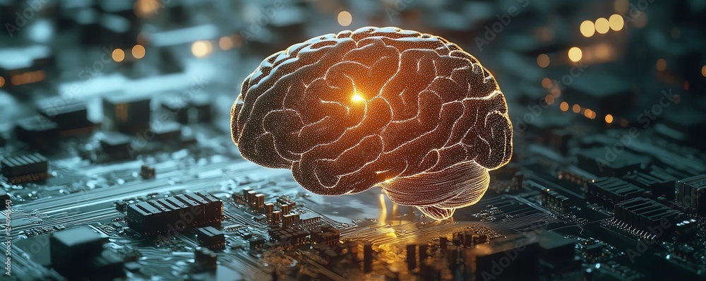 Poster a stylized human brain glowing from a processor, representing the connection between big data, artif