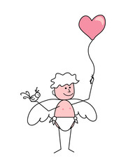 Cupid with heart shaped balloon and white bird in hand, angel with dove, valentines day