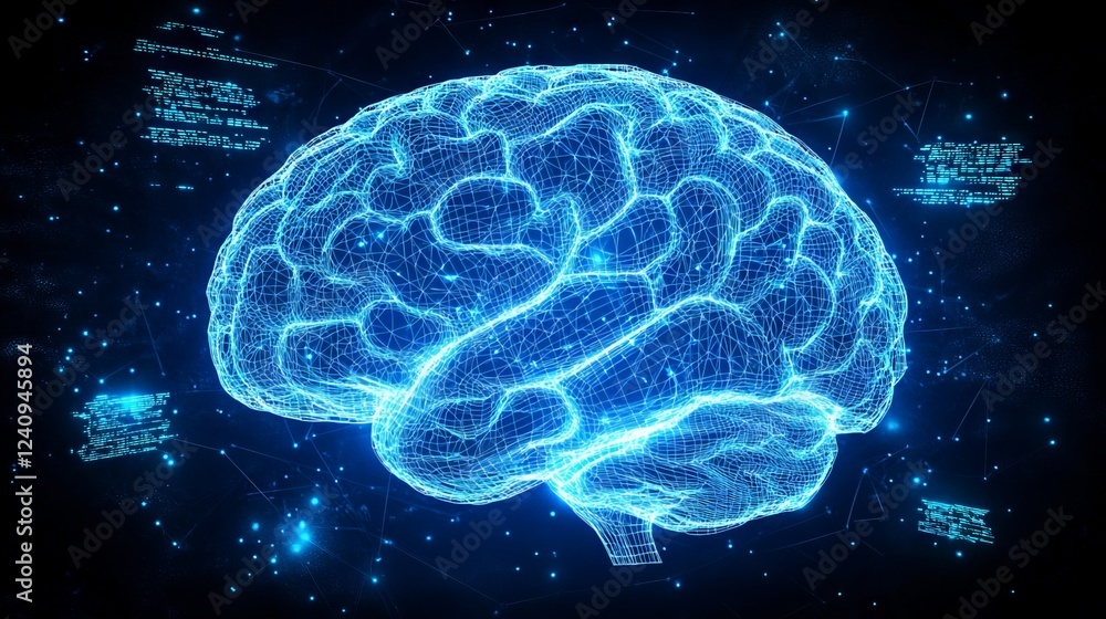 Aufkleber glowing polygonal brain is processing data in cyberspace
