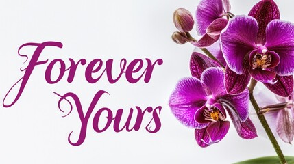 Vibrant purple orchid on the right against a white background with "Forever Yours" written in a delicate cursive