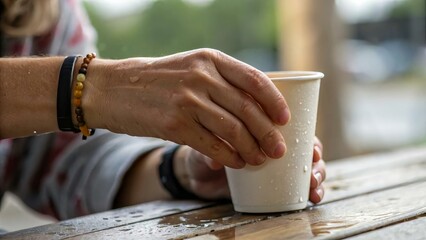 Fototapeta na wymiar Hand Reaching for Paper Cup with Water Droplets on Surface