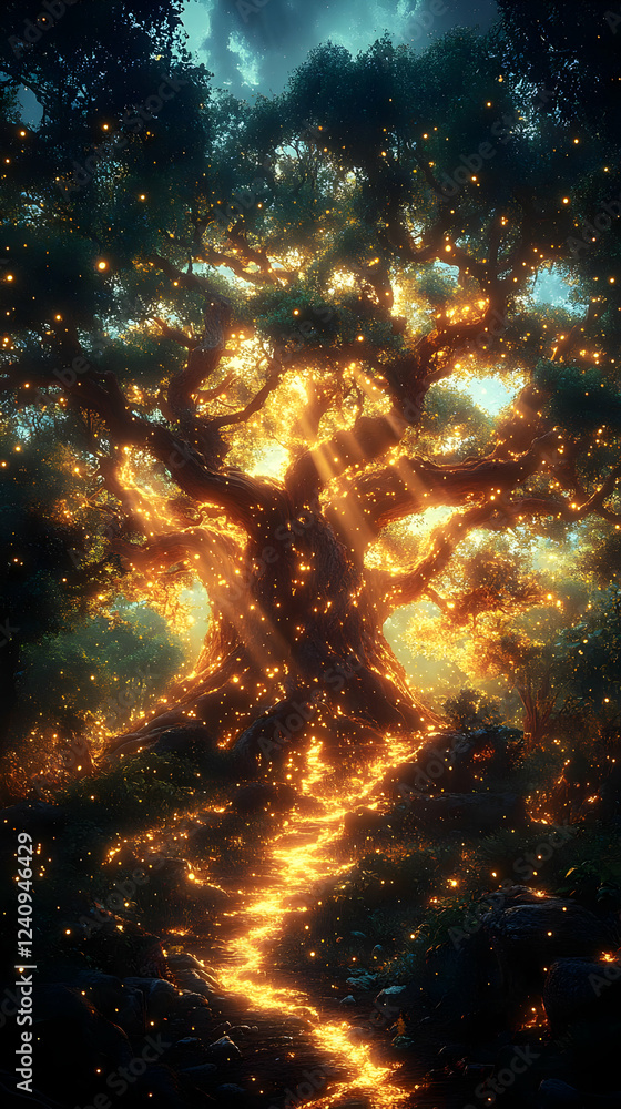 Poster luminous pixel tree path in dark forest