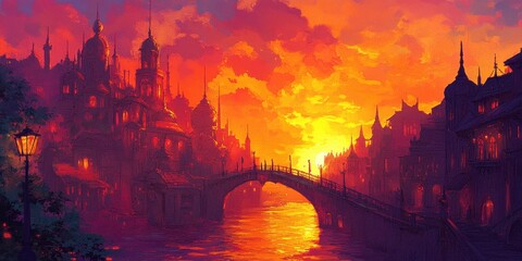 Naklejka premium Sunset over a City Canal with Ancient Architecture