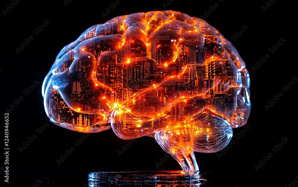 Poster an image of a human brain glowing from a processor, symbolizing the fusion of big data, ai, and the 