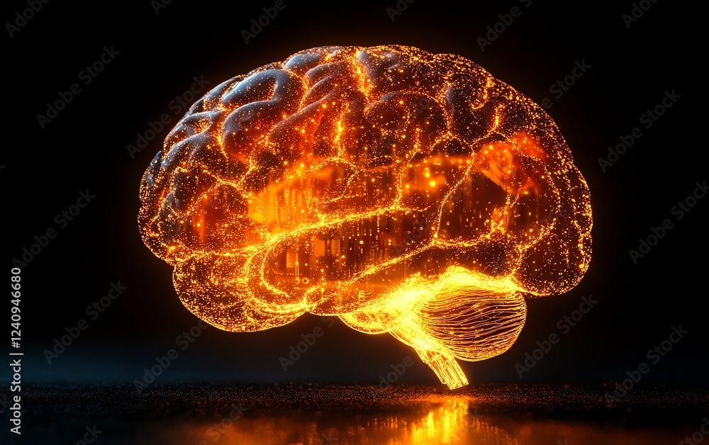 Poster an image of a human brain glowing from a processor, symbolizing the fusion of big data, ai, and the 