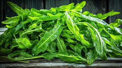 Fototapeta premium Freshly Harvested Green Arugula Leaves Piled on Rustic Wooden Table for Healthy Cooking