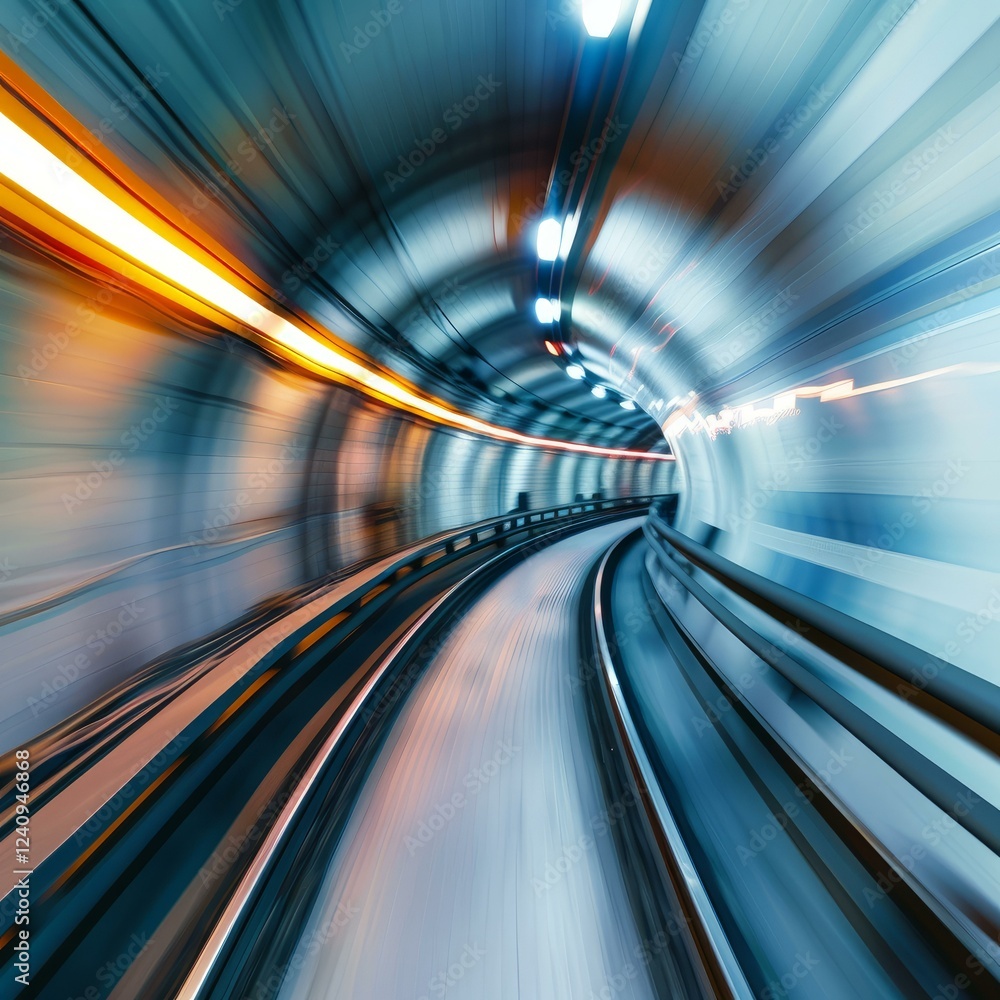 Poster fast moving subway train creating motion blur effect while traveling through an illuminated tunnel