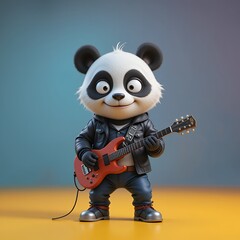Cute Panda Playing Electric Guitar in Cartoon Style