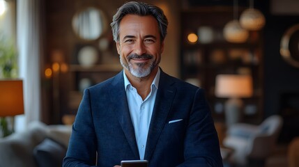 Corporate director standing in contemporary office holding mobile cellphone, elegant and professional mood, copy space