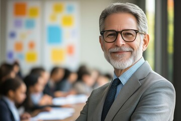 A confident businessman with glasses smiling at the camera in a modern office setting.