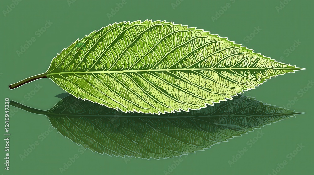Poster vector illustration of a tree leaf silhouette with detailed texture on a green background and reflec