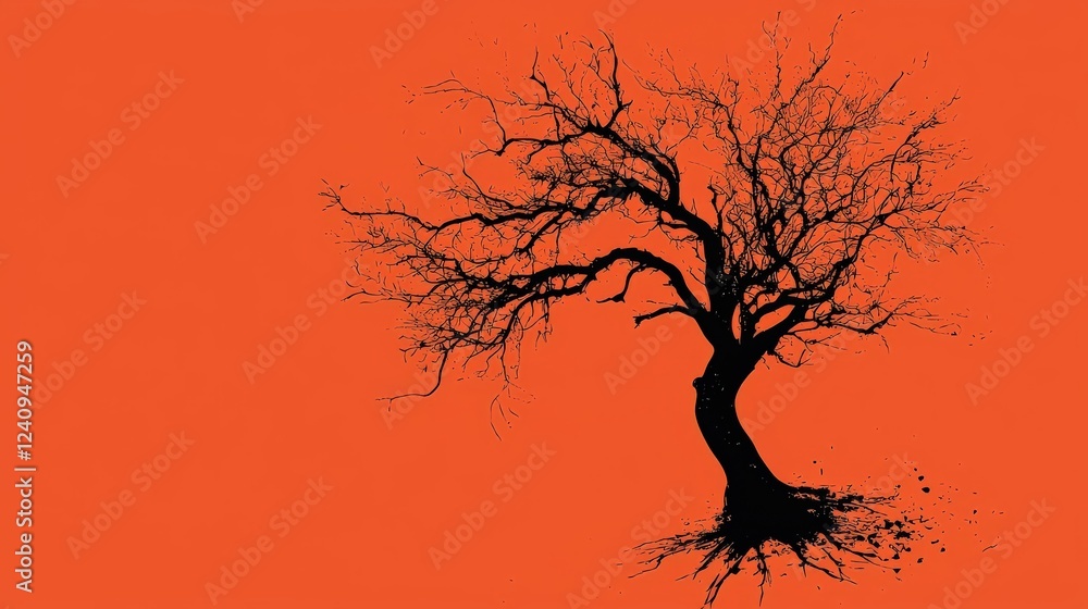 Poster simple vector illustration of a tree silhouette on an orange background for various design projects
