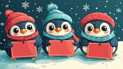 Obraz premium Three adorable penguins wearing winter hats and scarves hold blank red signs in snowy scene.