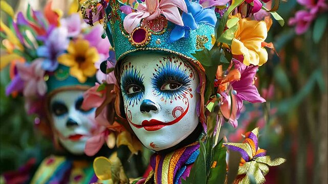 Carnival for children School children in carnival costume with make up and flowers, portrait close up
