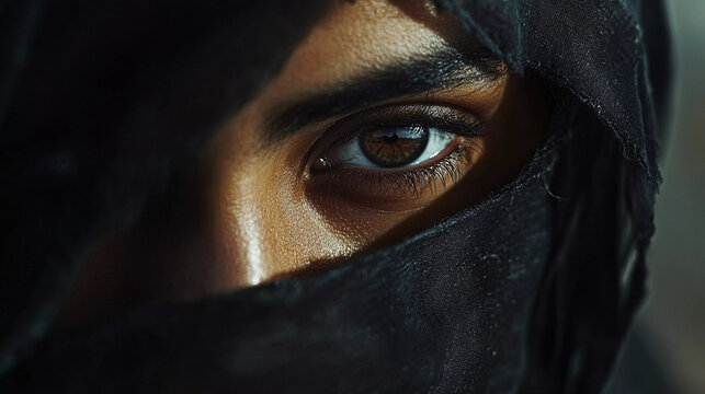 closeup of muslim woman eye wearing burkha intese look