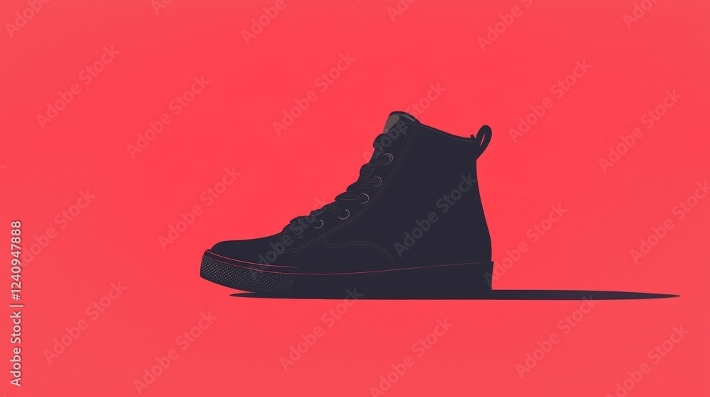 Poster simple vector illustration of a shoe silhouette on a bright red background for modern design project