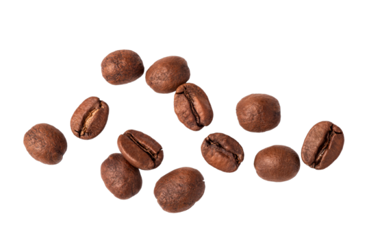 Freshly roasted coffee beans isolated on a transparent background