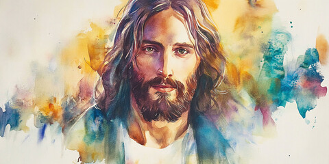 Watercolor portrait of Jesus Christ. For religious Christian publications and prints