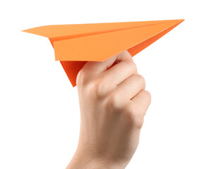 Woman with orange paper plane on white background, closeup