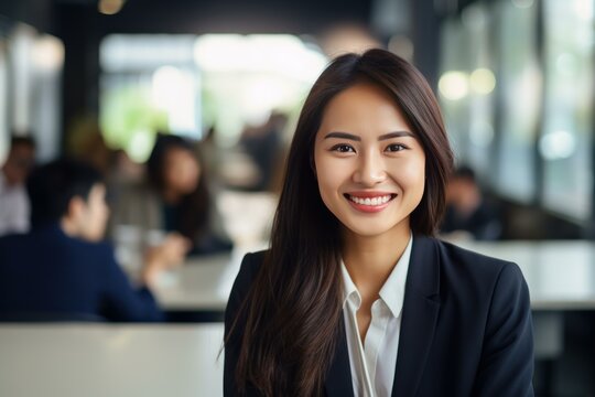 Portrait of a cheerful businesswoman in a modern office cafeteria, with her colleagues working in the background