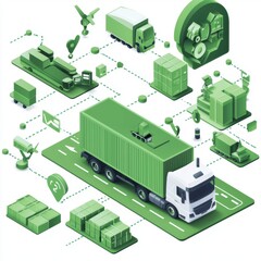 Obraz premium Green Transportation and Logistics Concept with Trucks, Cargo, and Delivery Icons in a Modern Isometric Style