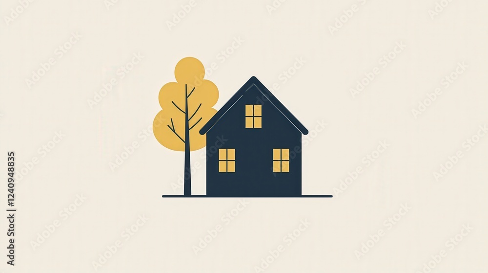 Aufkleber simple vector illustration of a house silhouette with tree and background in minimalistic style