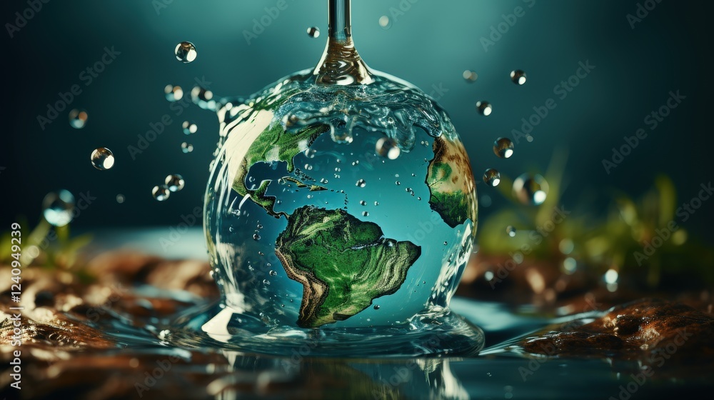 Poster conceptual visualization of earth's water scarcity depicted through a drop of liquid reflecting the 