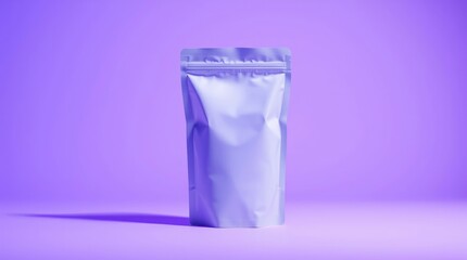 Plastic resealable pouch, white powder, purple background, studio lighting, product photography, minimalist, 