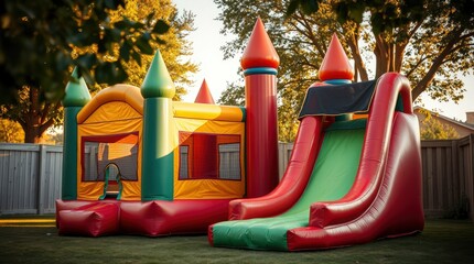 Colorful inflatable bounce house, backyard party, vibrant red and yellow castle, slide, children's playground, sunny day, lush green trees, suburban setting, outdoor fun, summer celebration, playful 