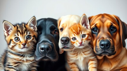Fototapeta premium Adorable pet portrait, two cats and two dogs, closeup, realistic details, soft fur textures, expressive eyes, tabby kitten
