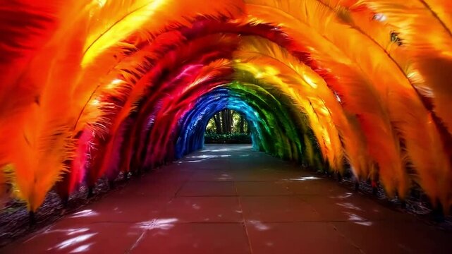 Rainbow feather tunnel, garden path, vibrant colors, nature backdrop, event decor