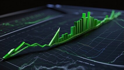 A green arrow points upward on a financial graph. Business growth chart with a rising trend line. Visualizing digital stock market data for investment analysis. 