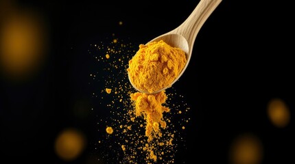 Wooden spoon, turmeric powder, spice explosion, dark background, macro photography, 