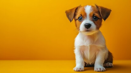 Adorable Jack Russell Terrier Puppy Sitting On A Yellow Background.