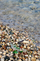 Sea glass pieces on a pebble beach