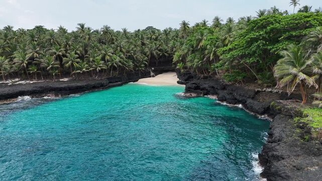 Sao Tome and Principe - Battery Beach at Ilheu das Rolas. Pristine Equatorial Island With Turquoise Waters and Lush Palm Forest.