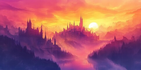 Fototapeta premium Majestic Castle City at Sunset Over Misty Mountains