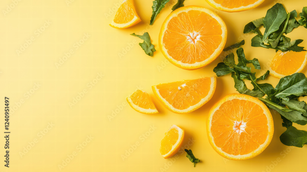 Poster fresh orange slices with greens on bright yellow background create vibrant and refreshing compositio