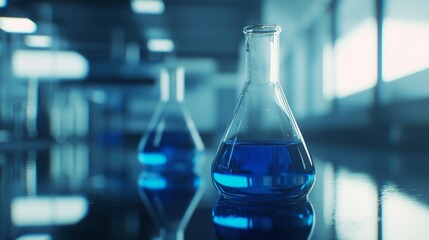 Bright blue liquids bubble gently in glass containers, reflecting the sleek design of a contemporary laboratory. Sunlight streams in, illuminating the workspace