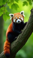 Obraz premium Fluffy red panda perched on a thick tree branch, lush green foliage , fur, bamboo