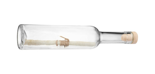 Corked glass bottle with rolled letter isolated on white