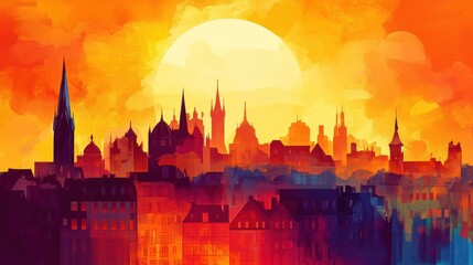Fototapeta premium Cityscape Silhouette at Sunset Warm Hues