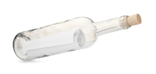 Corked glass bottle with rolled letter in air isolated on white