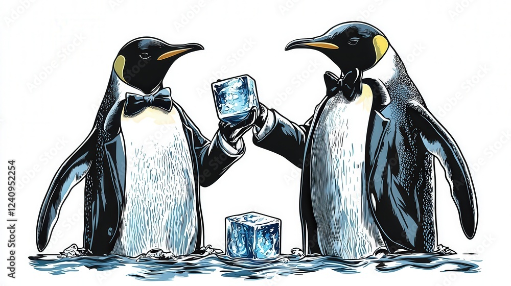 Poster two dapper penguins in tuxedos toasting with ice cubes on white background