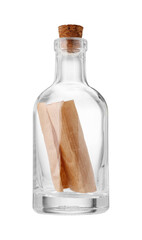 Corked glass bottle with rolled letter isolated on white